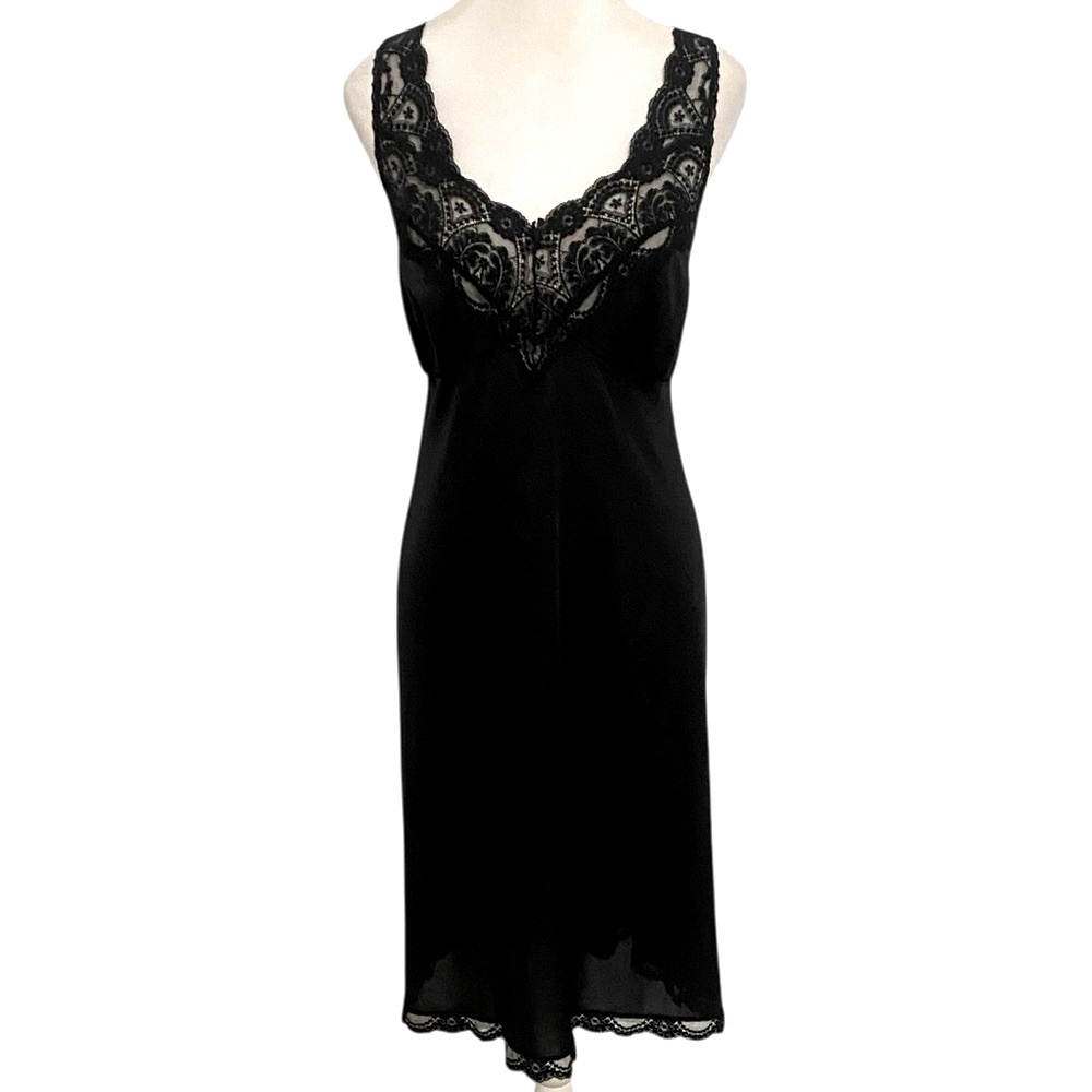 Vassarette Vintage Black Lace Chemise Teddy Gown Dress Lingerie Sz 38